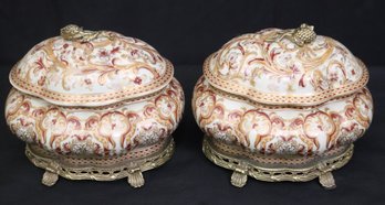 Pair Of Vintage Amita Porcelain And Brass Ormolu Lidded Trinket Jars