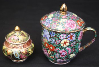 Vintage Chinese Floral Ceramic Lidded Tea Cup And Miniature Jar