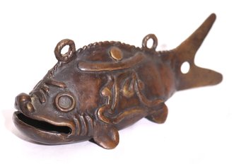 Vintage Kyoto Bronze Fish Bell Measuring Approximately 10 Inches Long X 4 Inches Tall.