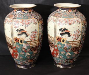 Pair Of Large Vintage Hand Painted Crackle Finished Japanese Satsuma Vases With Stamp On The Bottom
