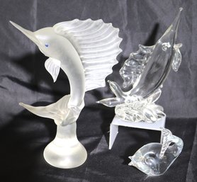 Assorted Glass Fish, Sword Fish Signed By Krezitz And Frosted Swordfish