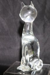 Signed Clear Art Glass Cat Sculpture 8- Inch Tall