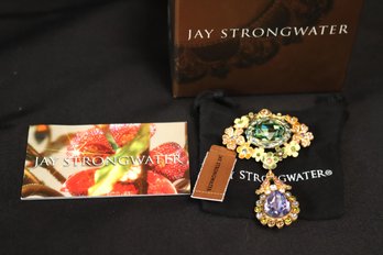 Jay Strongwater Designer Bejeweled Mille Fiori Floral Drop Pin With Dust Pouch And Original Padded Box