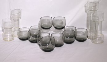 Set Of Assorted Barware/ Glasses With A Smoke Tone Include Stylish Glass Candlesticks