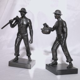 Great Machine Age WPA Gunmetal Colored Mine Worker Sculptures Modeled After John J. Szaton
