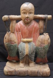 Vintage Hand-Carved And Painted Wood Statue Of Fisherman Carrying 2 Large Fish