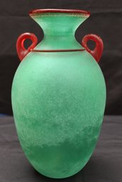 Stunning Franco Moretti Amphora-Style Scavo Murano Glass Frosted Aqua Vase With Red Accents Signed By The Arti
