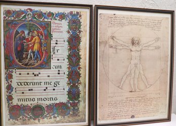 Vitruvian Man By Leonardo Da Vinci Framed Poster Print And Vintage Illuminated Choral Manuscript Print