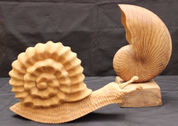 Large Arthur Court Design And Nautilus Shell Hand-Carved Wooden Snail On Base Sculptures - Coastal Decor