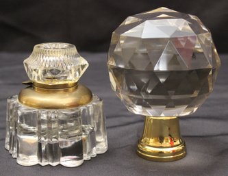 Antique Glass Inkwell With Hinged Brass Accent Lid And Large Cut Crystal Ball Finial