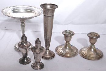 Weighted Sterling Silver As Pictured Including Gorham Filled Candle Holders, Duchin Salt And Pepper Shakers