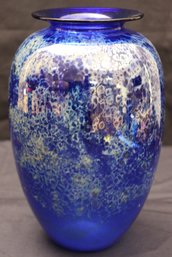 Vintage Blue Art Glass Vase In Cobalt Blue With Gold Smoky Swirls Marked WV And Signed By The Artist