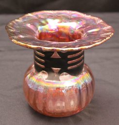 Vintage Silvestri Mouth Blown Iridescent Glass Vase With Metal Cage Neck Band