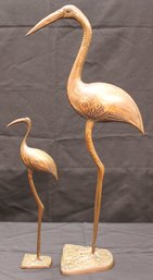Vintage Brass Crane Bird Figurine Set With Copper-Like Finish And Detailed Etched Wing Patterns