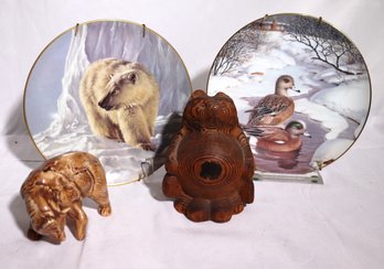 Carved Wood Bear, Ceramic Bear And Decorative Plates Emperor Of The North, The Wild North Polar Bear Plate