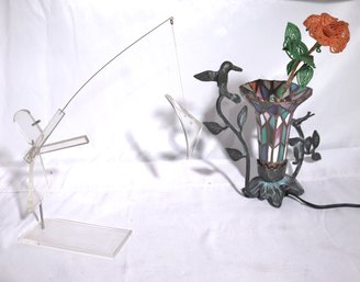 Cute Slag Glass Lamp Includes A Decorative Handmade Acrylic Fisherman Sculpture