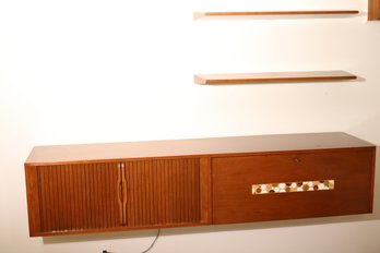 Vintage MCM Walnut Floating Bar With Tambor Style Doors, Flip Down Bar Shelve With Lock And Key