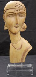 Unique Large Carved Wood Art Deco Woman Bust Sculpture On Lucite Stand