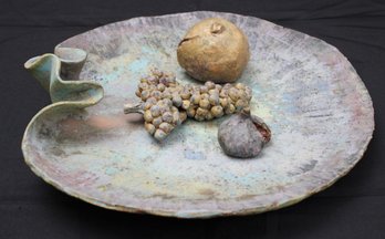 Unique Leaf-Shaped Artisan Pottery Centerpiece Bowl With Decorative Fruit Pieces