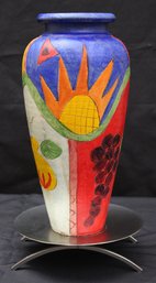 Vintage Vibrant Mediterranean Terracotta Hand-Panted Art Vase Signed By The Artist