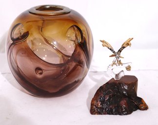 Hand Blown Art Glass Vase, Including A Miniature Glass Eagle Painted With 22KT Gold Accent