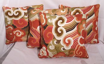 Set Of 4 Groovy 70s Style 16- Inch Linen Pillows With Bright Orange Tones And Eccentric Pattern
