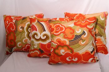 Set Of 4 Groovy 70s Style 16- Inch Linen Pillows With Bright Orange Tones And Eccentric Pattern