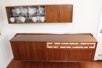 Vintage MCM Floating Wall Unit, Cabinet And Console With Sliding Tambor Doors, Contents Not Included