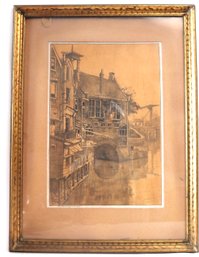 Signed Dutch Etching Of Houses On Canal.