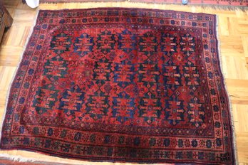 Large Vintage Tribal Area Rug With Rich Burgundy Background And Blue Geometric Pattern.