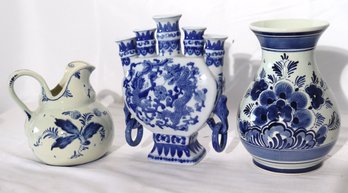 Delft Pitcher And Vase And Chinese Blue &amp White Tulip Vase.