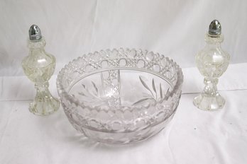 Cut Crystal Bowl, Includes Salt And Pepper Shakers