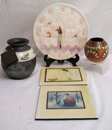 Southwestern Decor Santa Fe Style Pottery Art Wall Clock, RC Gorman Wall Plaques And 2 Pottery Vases Signed