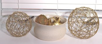 Mitchell Gold And Bob Williams Pottery Style Bowl And Decorative Brass Finished Orbs