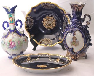 Two Blue Cobalt &amp Gold Dishes And 2 Porcelain Vases.