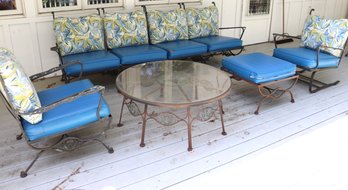 Vintage Woodard Cast Iron Patio Set Including 4- Piece Bench-  Custom Cushions Included