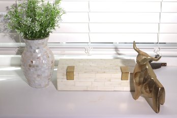 Mosaic Style Vase, Decorative Gold Bull And Decorative Box From Z-Gallerie