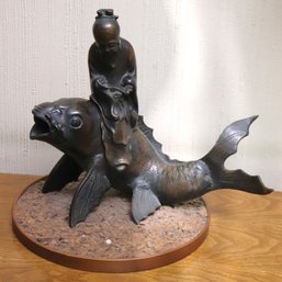 Vintage Cast Metal Koi Fish Sculpture With Wiseman