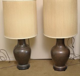 Pair Of Vintage Hammered Copper Finished Table Lamps With String Shades