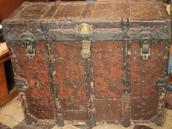 Antique Wood Trunk With A Unique Narrow Design