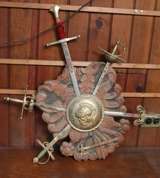 Vintage Coat Of Arms Decor With Shield And Sword Accents Measuring Approximately 24 X 28 Inches