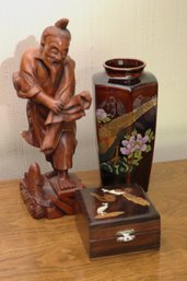 Asian Style Decor Includes A Carved Wood Fisherman Sculpture, Vase And Inlaid Wood Box