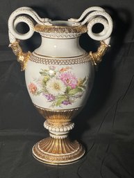 Very Large Meissen Vase With Cupid On One Side And Luscious Floral Bouquet 19 Inches Tall