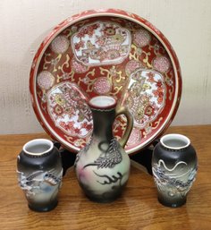 Japanese Tea Garden Miniature Vases And Hand Painted Gold Imari Dish