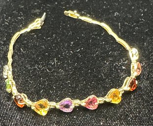 14K YG 7.25 Inch Multicolor Semi Precious Stone Heart Design Link Bracelet