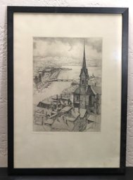 Vintage Framed French Etching Of A Village Clocktower