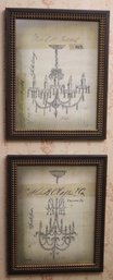 Set Of 2 Spicher & Co. Vintage-Style Classical Chandelier Sketch Drawing Prints With Cursive Script  -