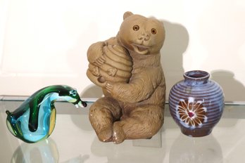 Honey Bear Decor, Mini Glass Animal Sculpture And Small Pottery Vase