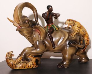 Vintage Blackamoor Elephant Fighting Tigers Large Ceramic Chalkware Statue