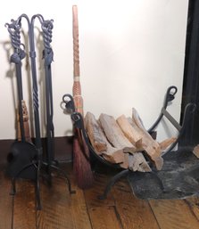Matching Set Of Ornate Wrought Iron Fireplace Tools With Stand And Log Holder